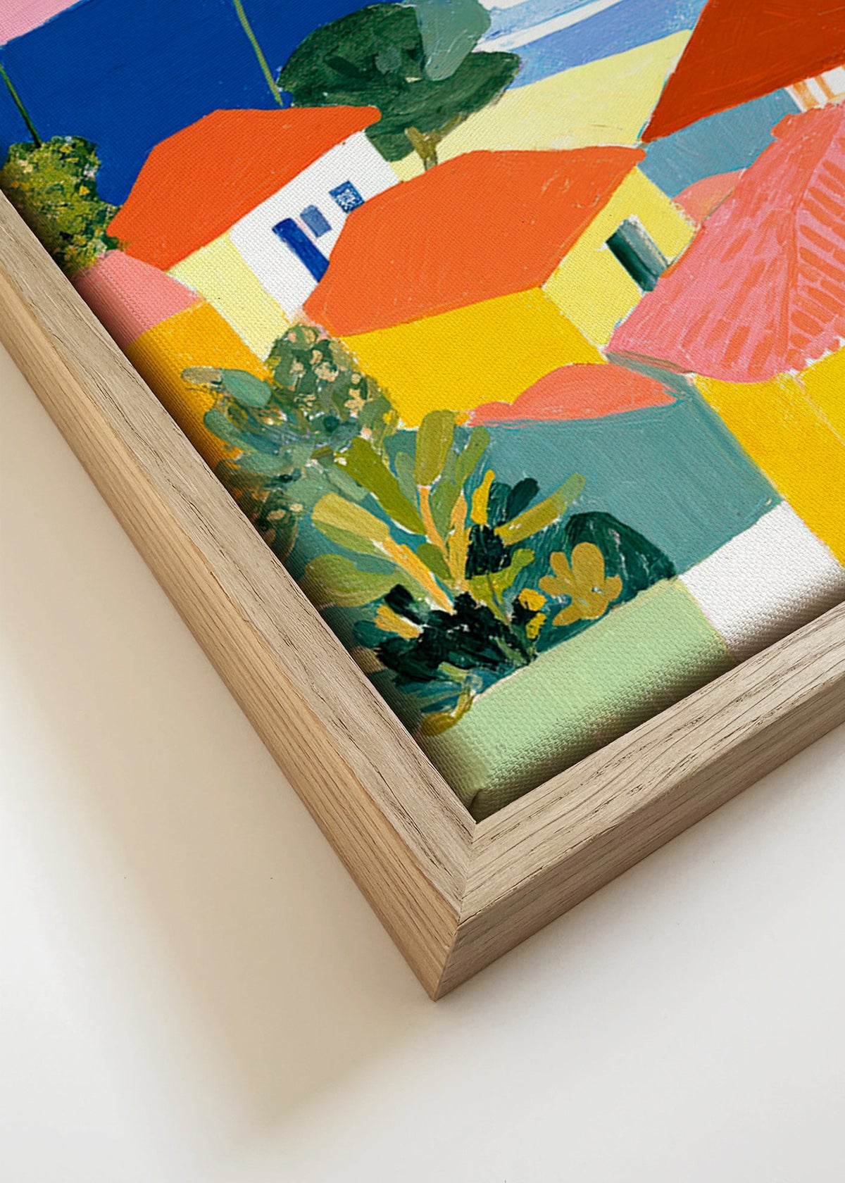 Cuadro de paisaje: palmeras y casas en tonos cálidos – Canvas detail