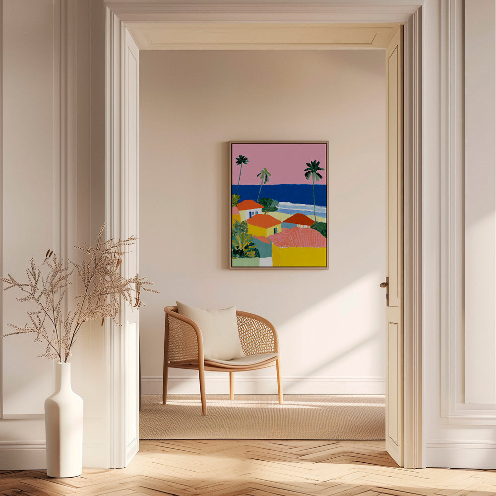 Cuadro de paisaje: palmeras y casas en tonos cálidos – Canvas1