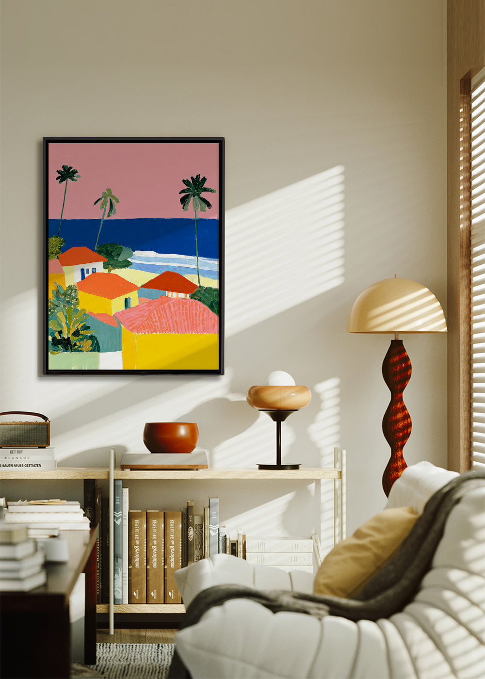 Cuadro de paisaje: palmeras y casas en tonos cálidos – Canvas2