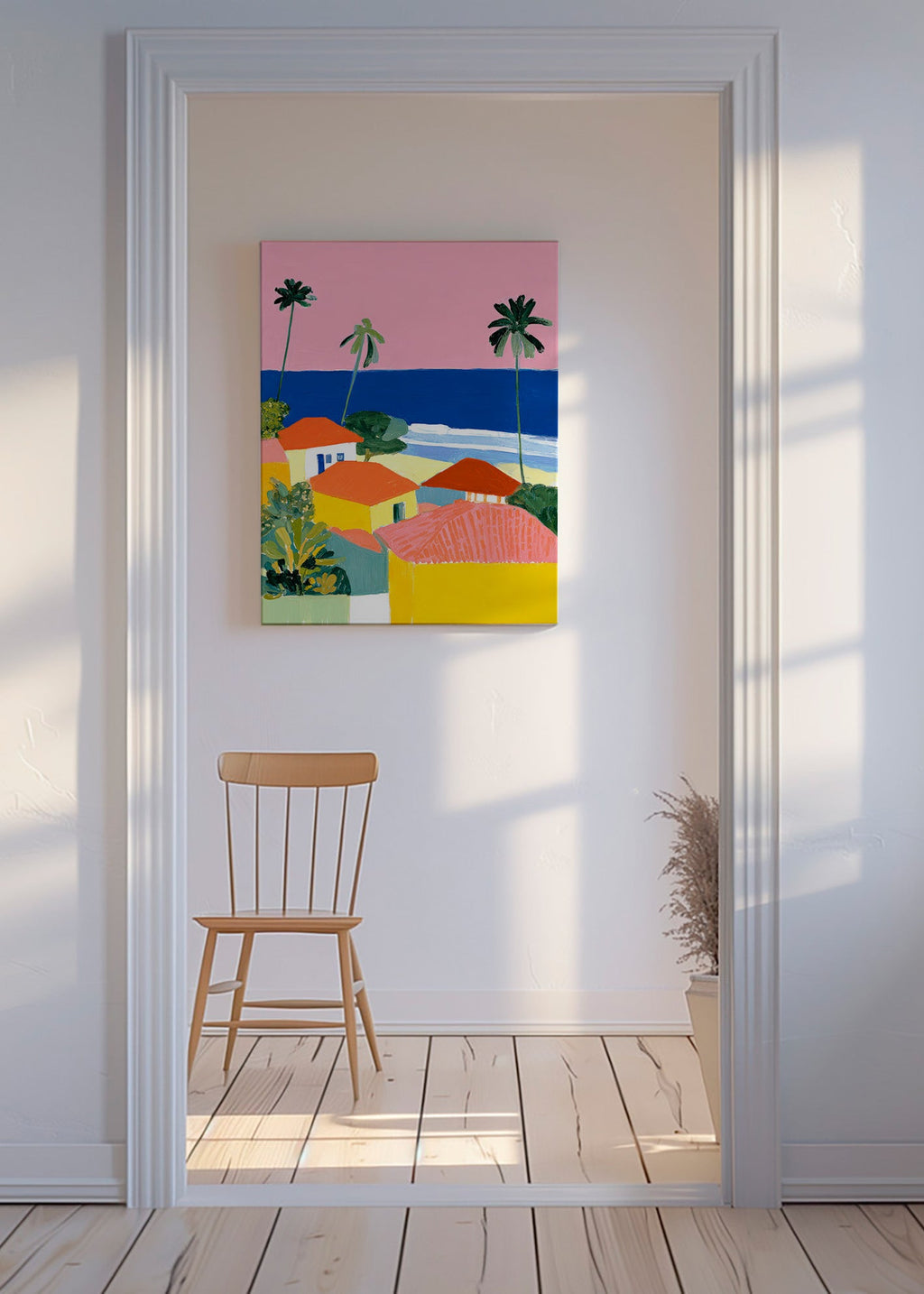 Cuadro de paisaje: palmeras y casas en tonos cálidos – Canvas
