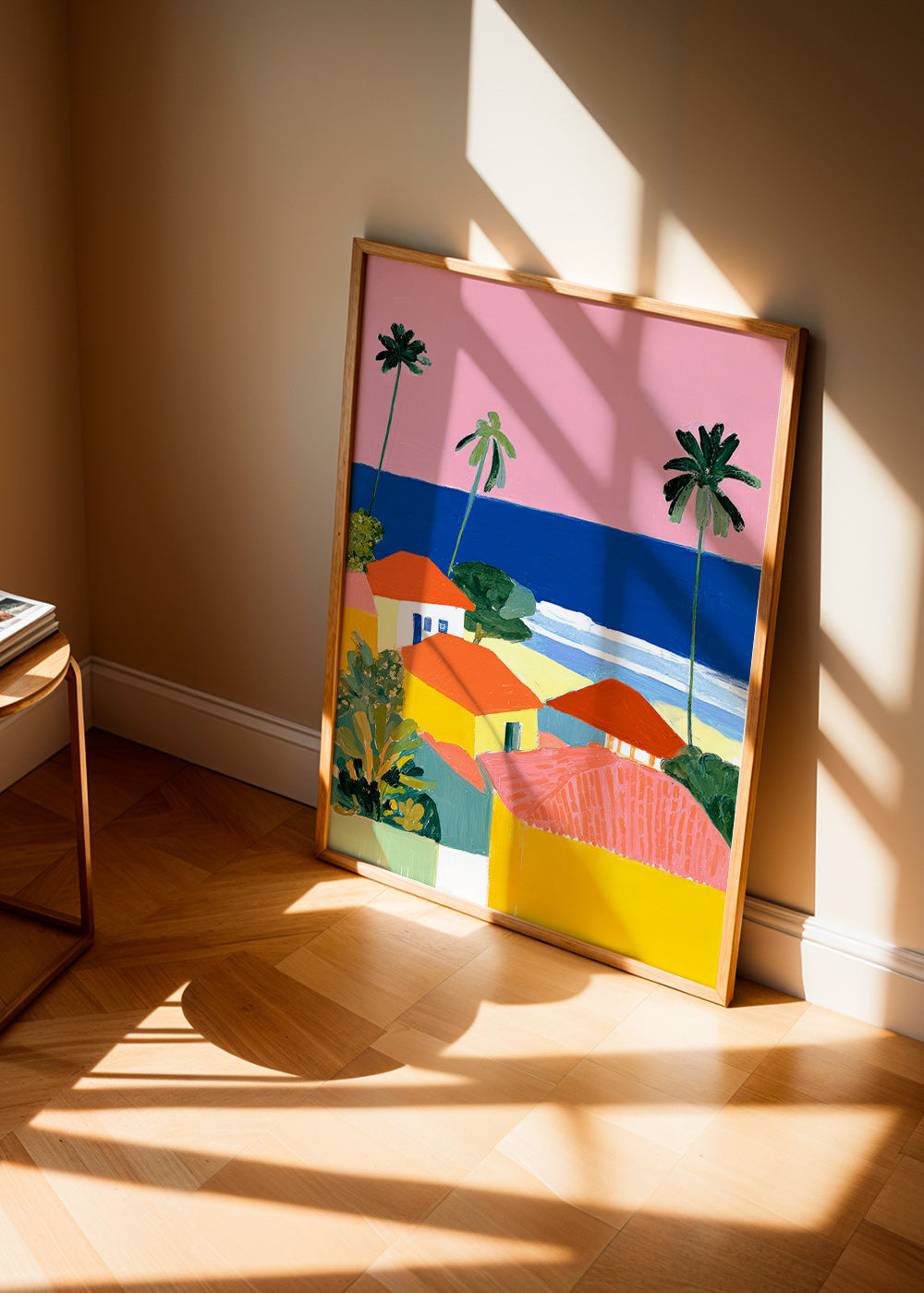 Cuadro de paisaje: palmeras y casas en tonos cálidos – Product3