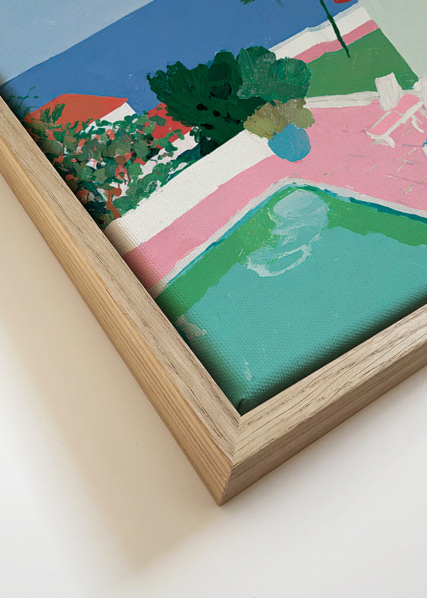 Cuadro de paisaje con piscina, palmera y casa roja – Canvas detail