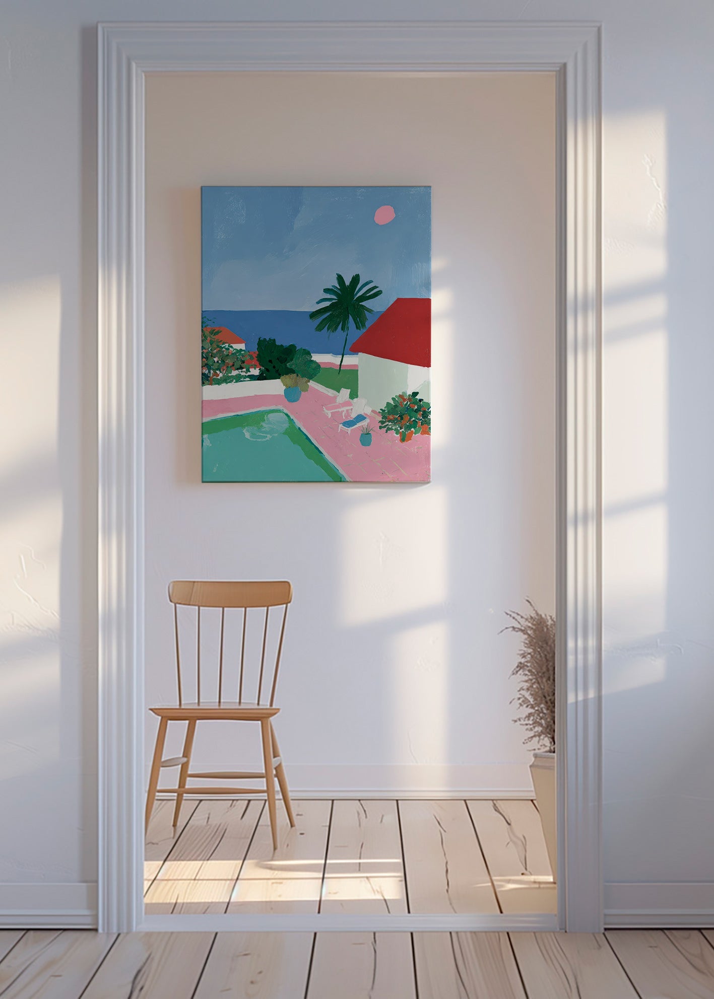 Cuadro de paisaje con piscina, palmera y casa roja – Canvas