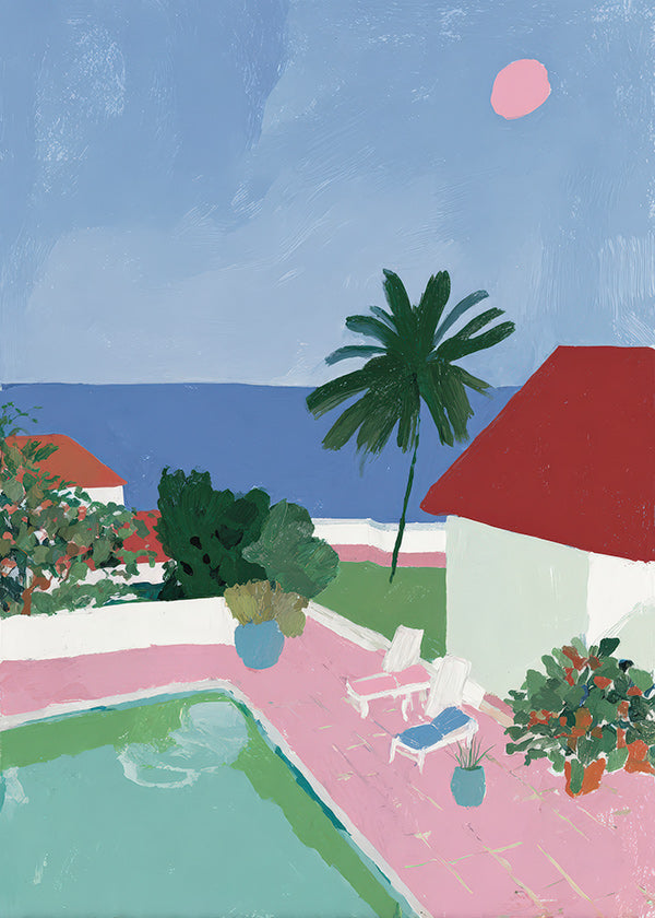 Cuadro de paisaje con piscina, palmera y casa roja