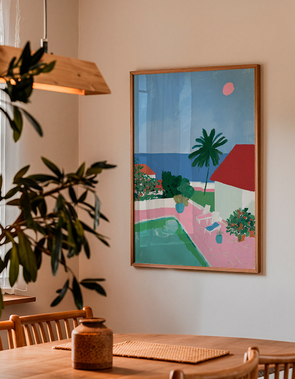 Cuadro de paisaje con piscina, palmera y casa roja – Product1
