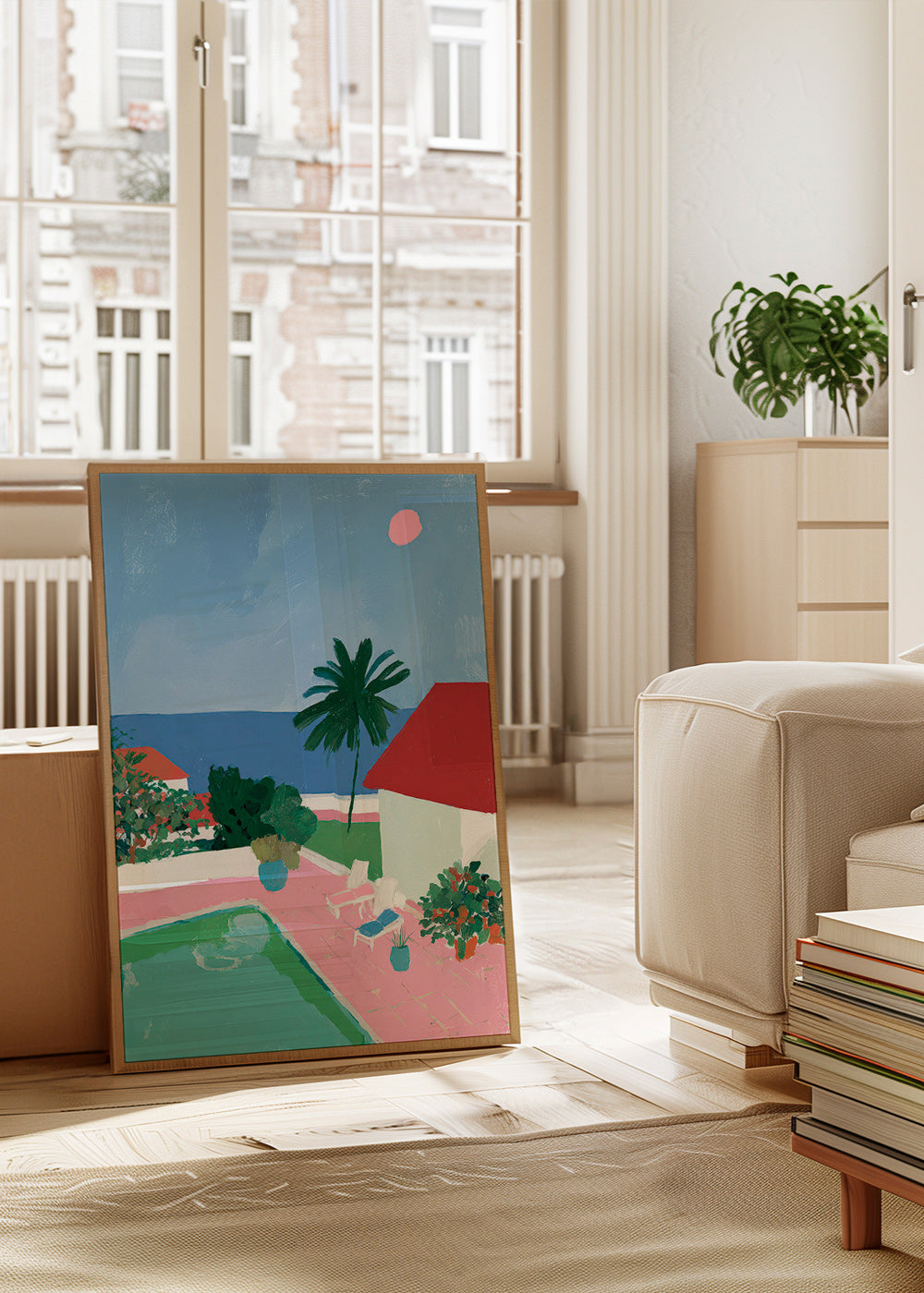 Cuadro de paisaje con piscina, palmera y casa roja – Product2