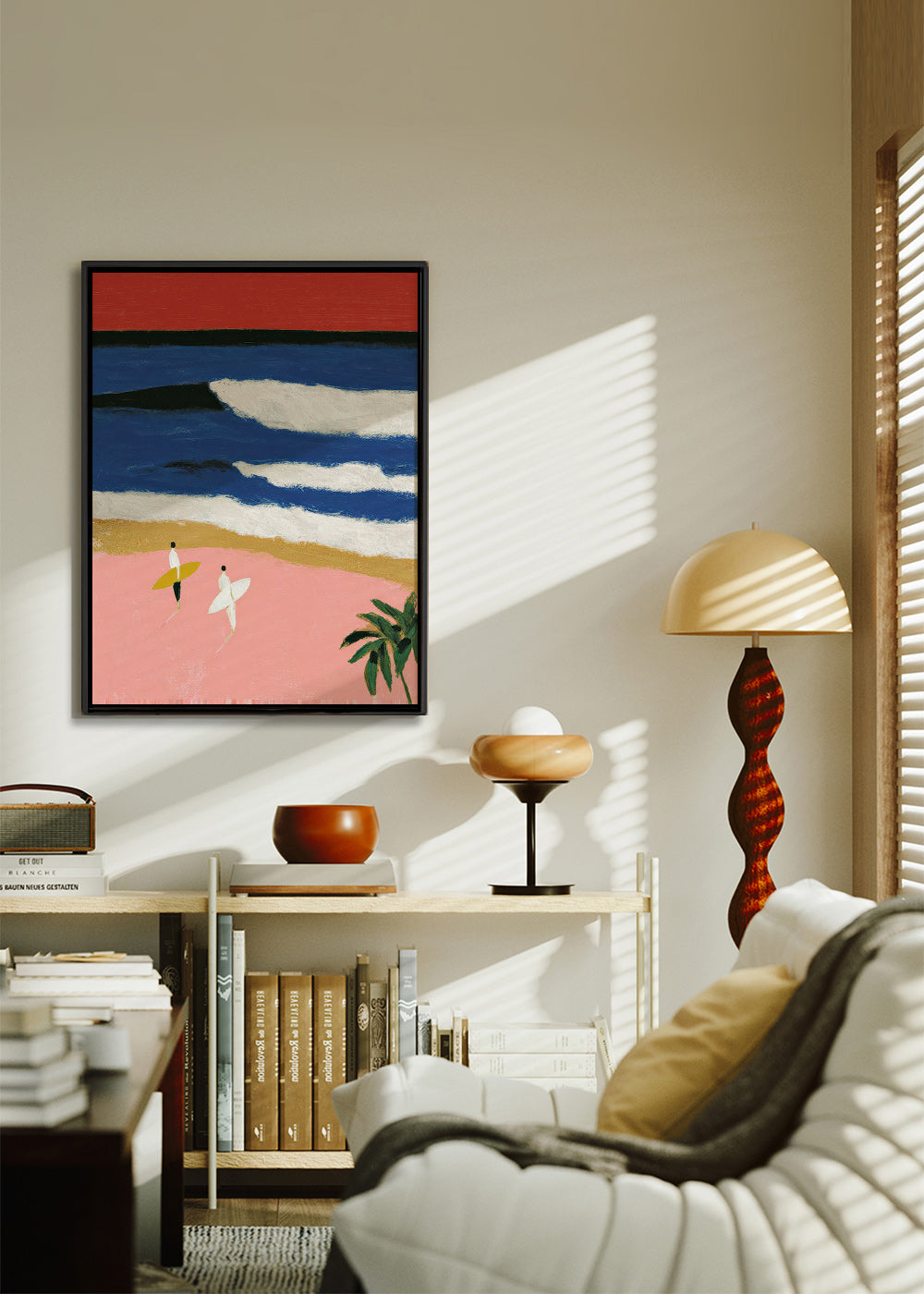Cuadro de paisaje con surfistas y arena rosa – Canvas1