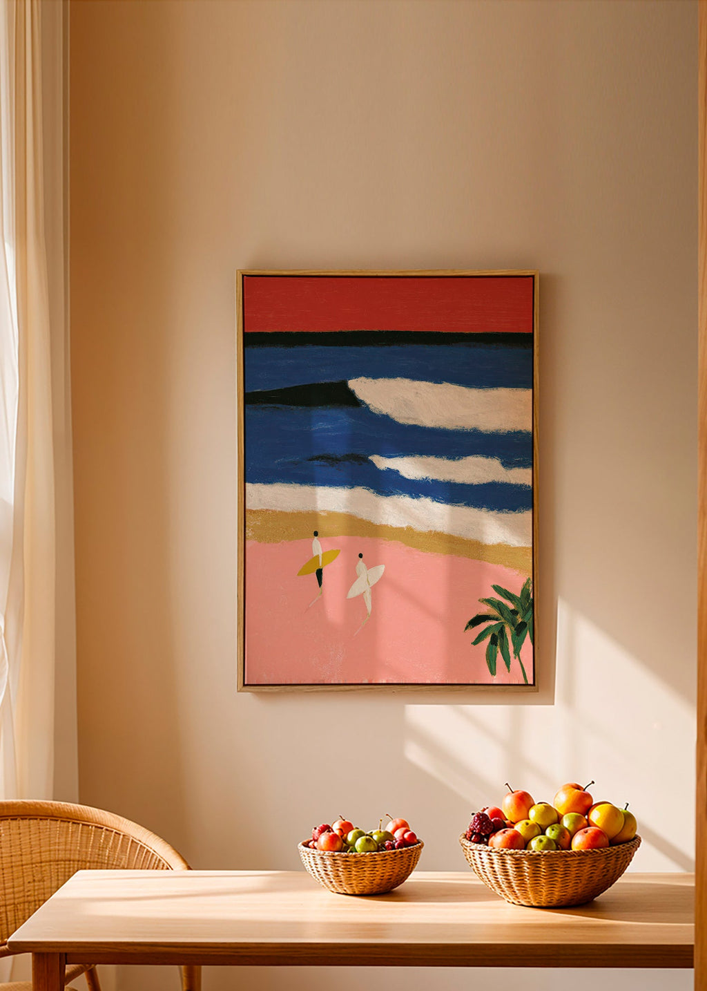Cuadro de paisaje con surfistas y arena rosa – Canvas2