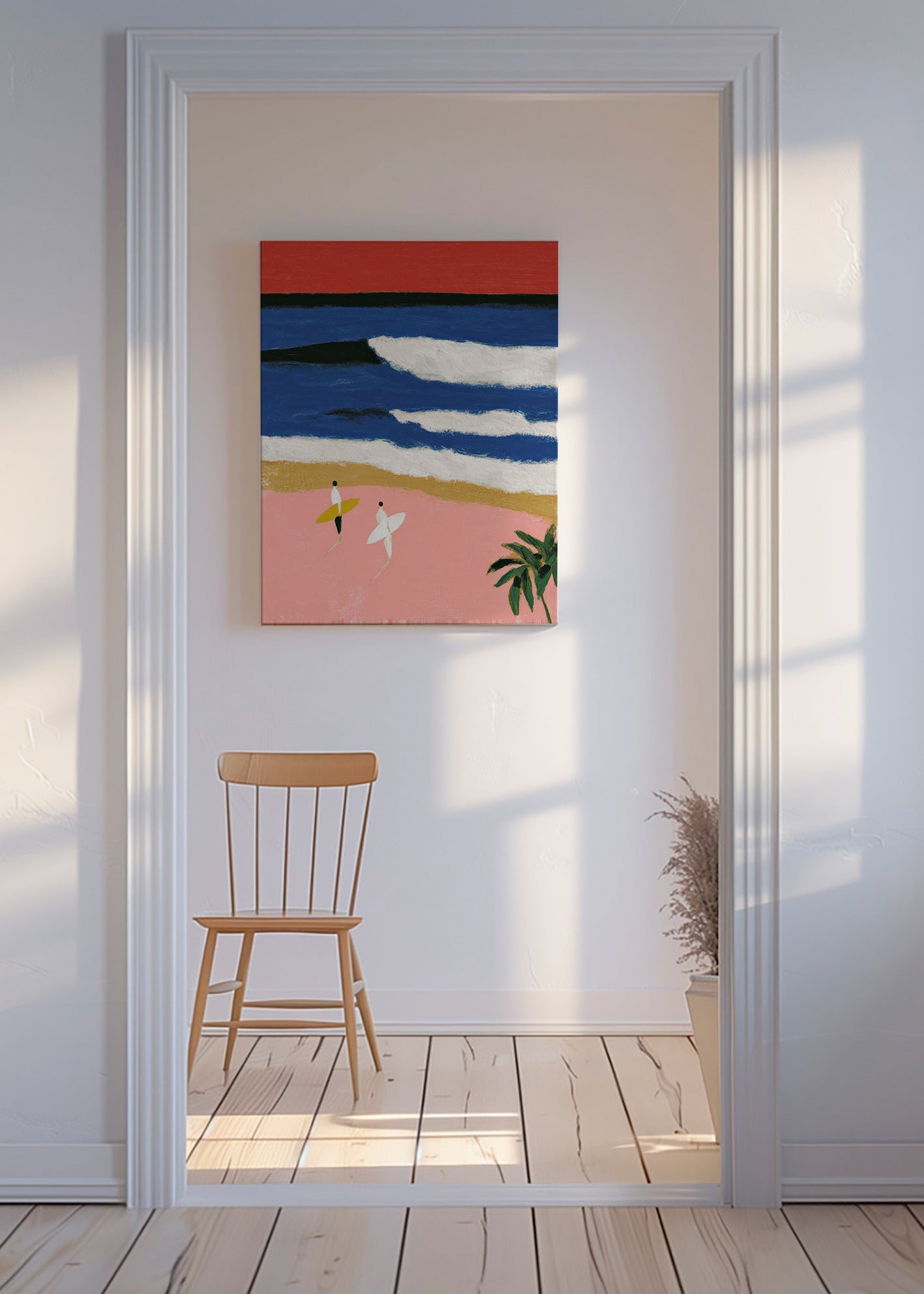 Cuadro de paisaje con surfistas y arena rosa – Canvas