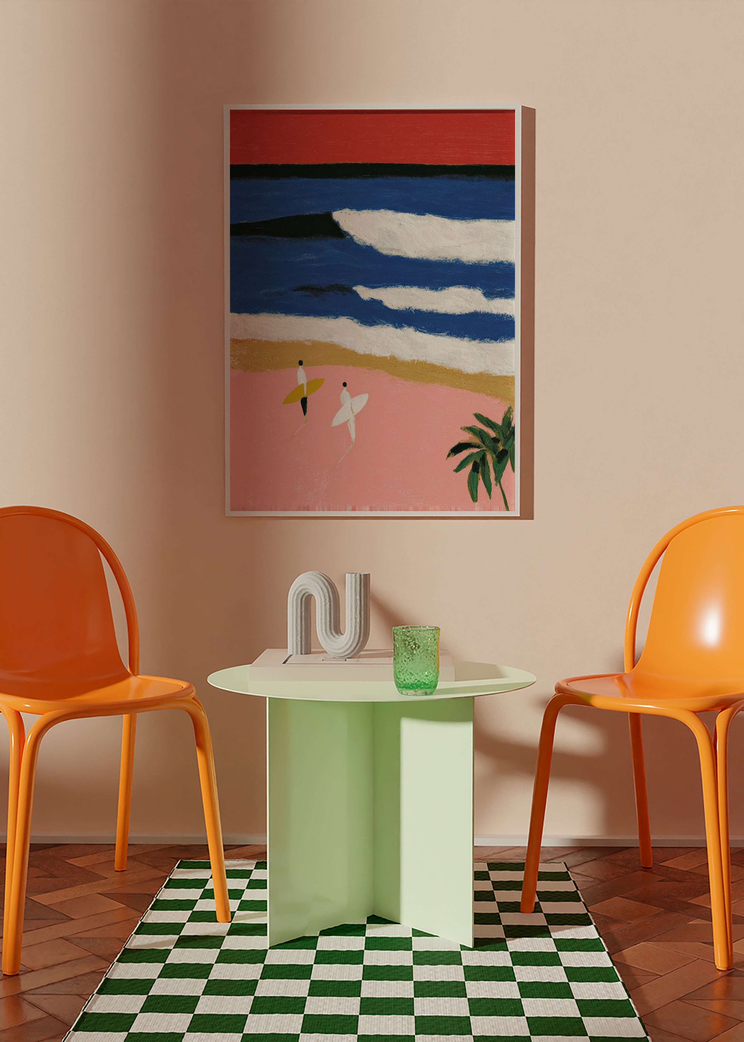 Cuadro de paisaje con surfistas y arena rosa – Product2