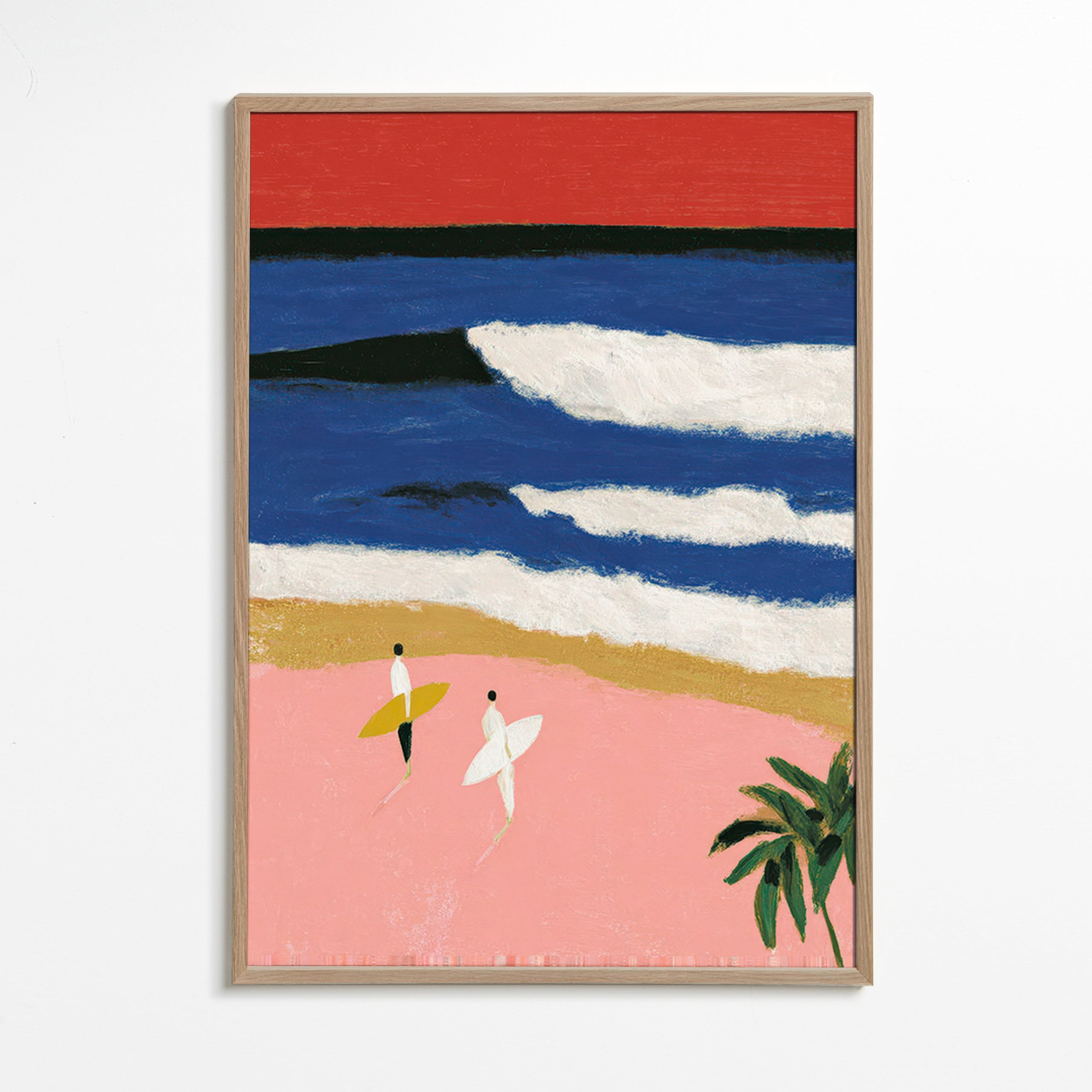 Cuadro de paisaje con surfistas y arena rosa – Oak Frame