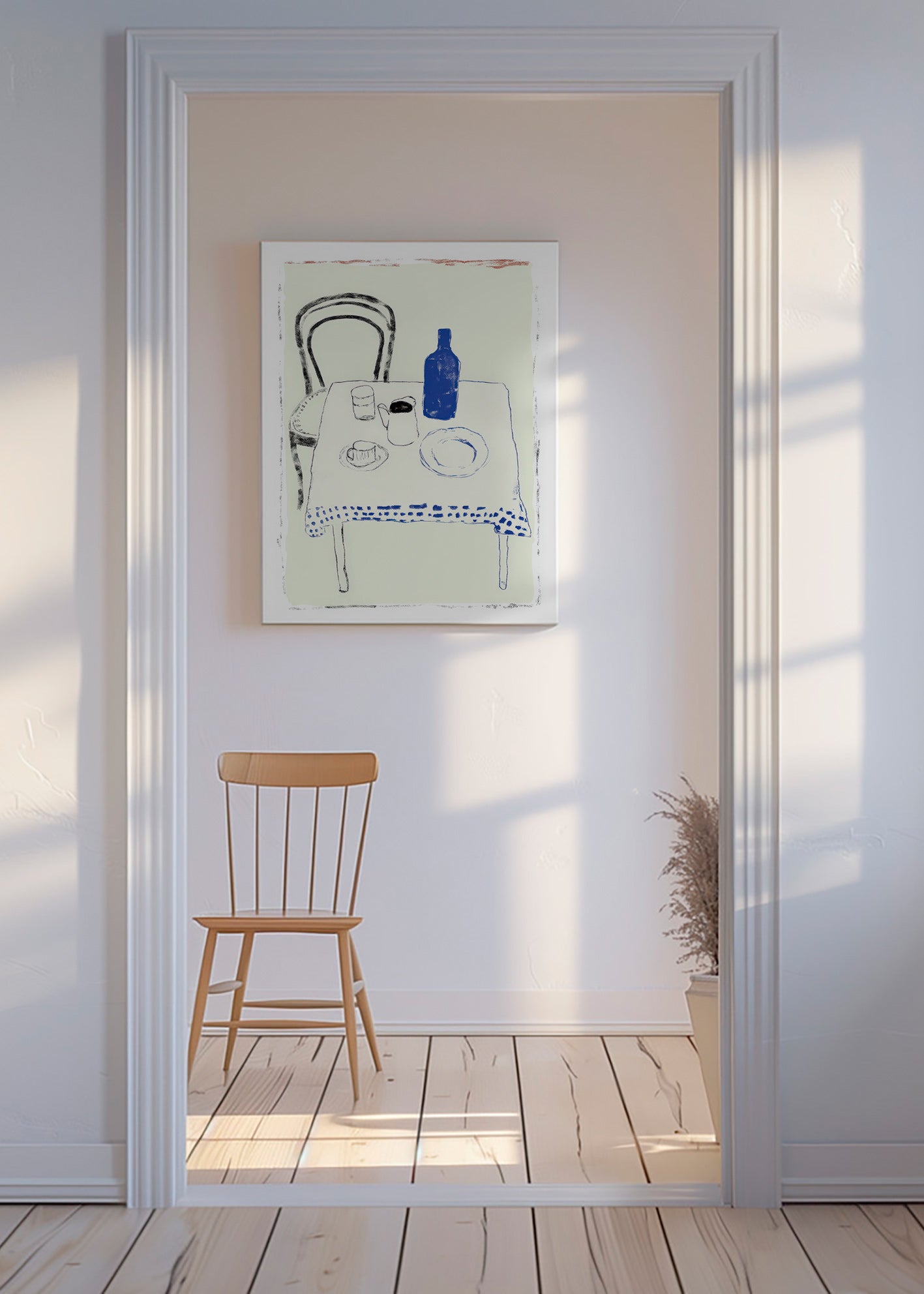 Cuadro de cocina con botella azul y vajilla minimal – Canvas