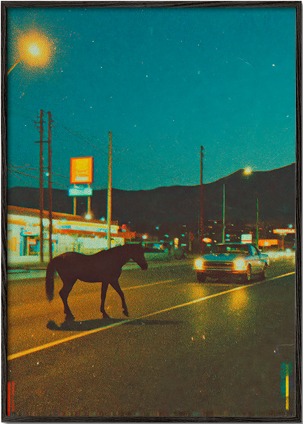 Cuadro caballo nocturno en carretera – Black Frame