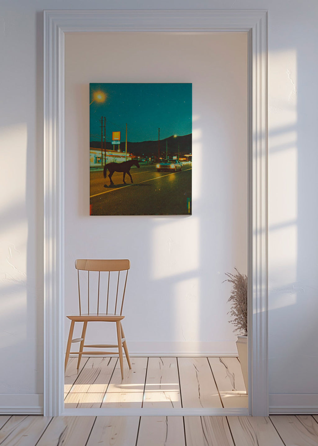 Cuadro caballo nocturno en carretera – Canvas