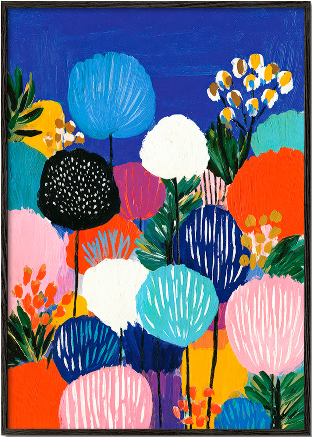Lámina botánica con bouquet colorido – Black Frame