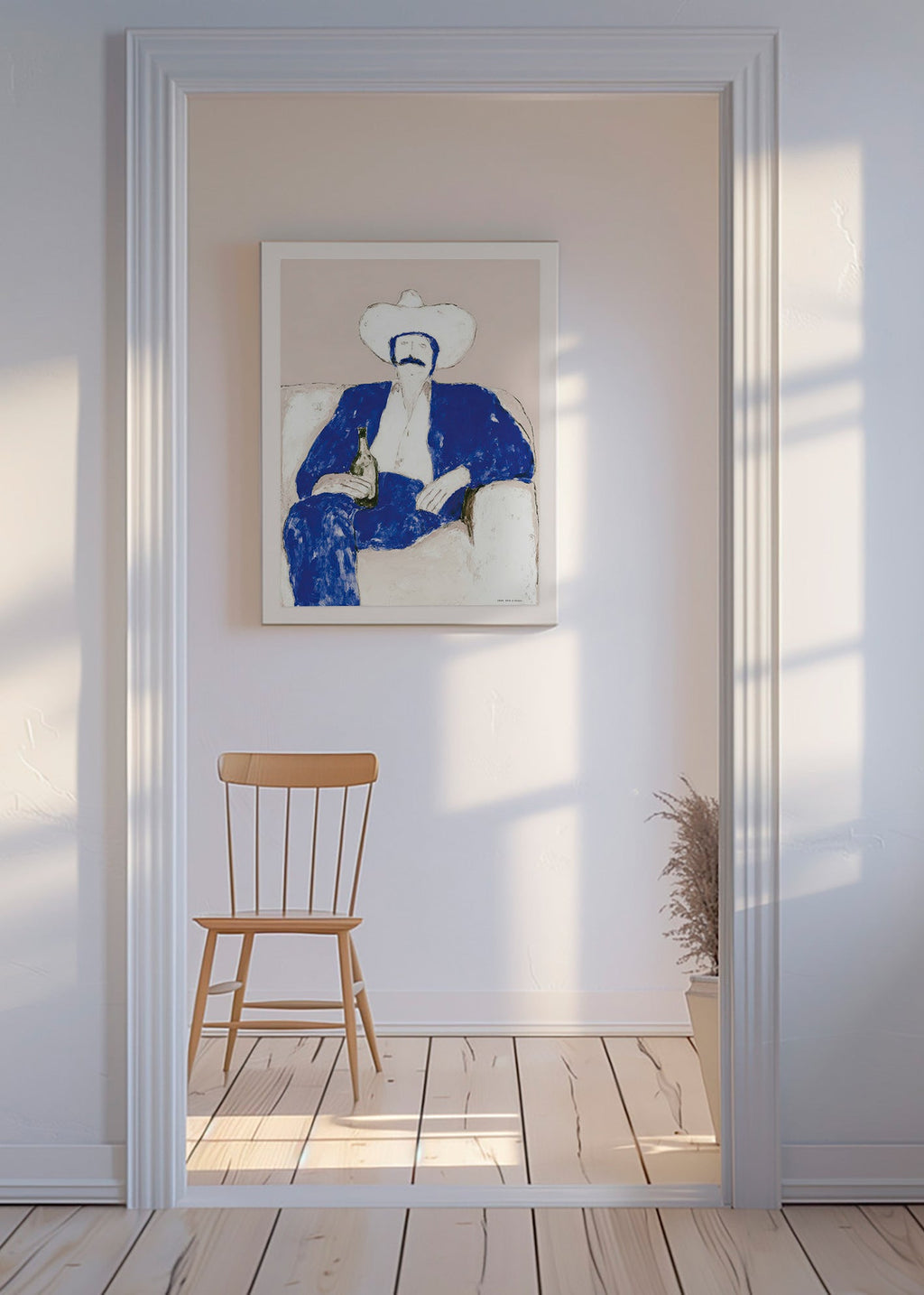 Ilustración de vaquero azul sentado – Canvas