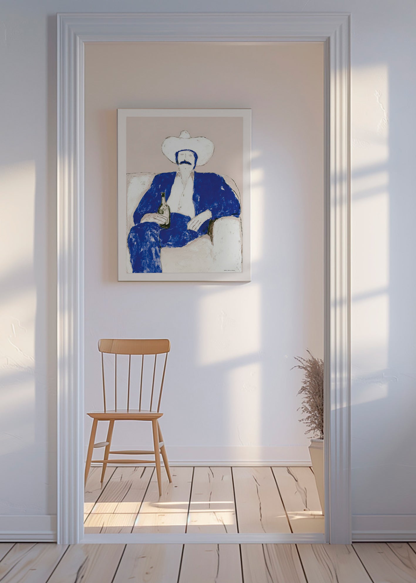 Ilustración de vaquero azul sentado – Canvas