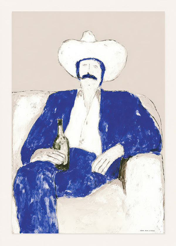 Ilustración de vaquero azul sentado