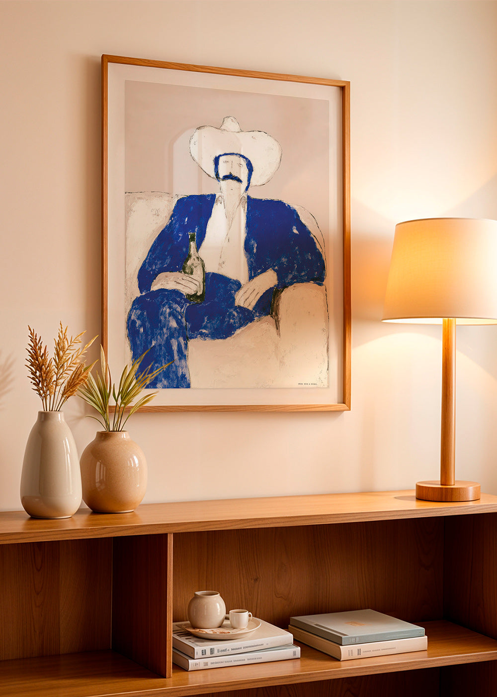 Ilustración de vaquero azul sentado – Product1