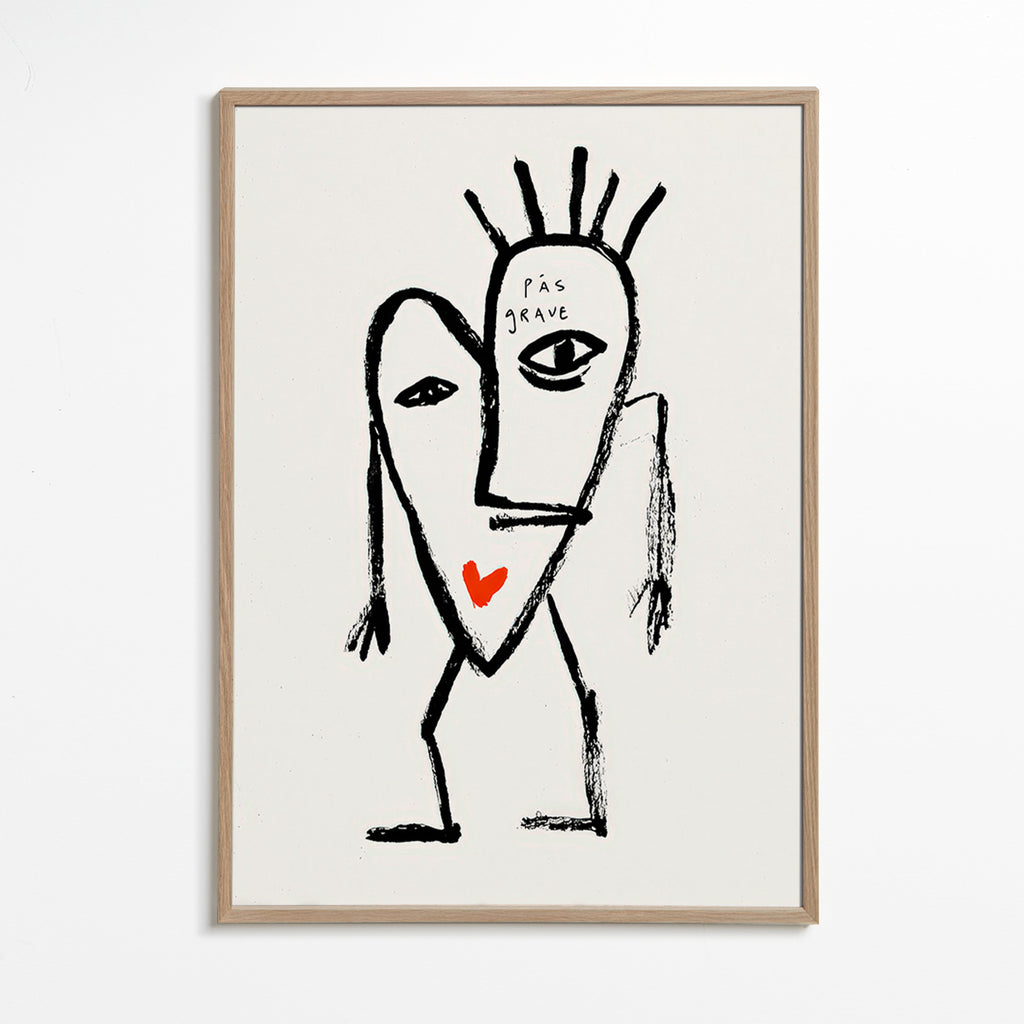 Cuadro abstracto rostro lineal con corazón rojo – Oak Frame