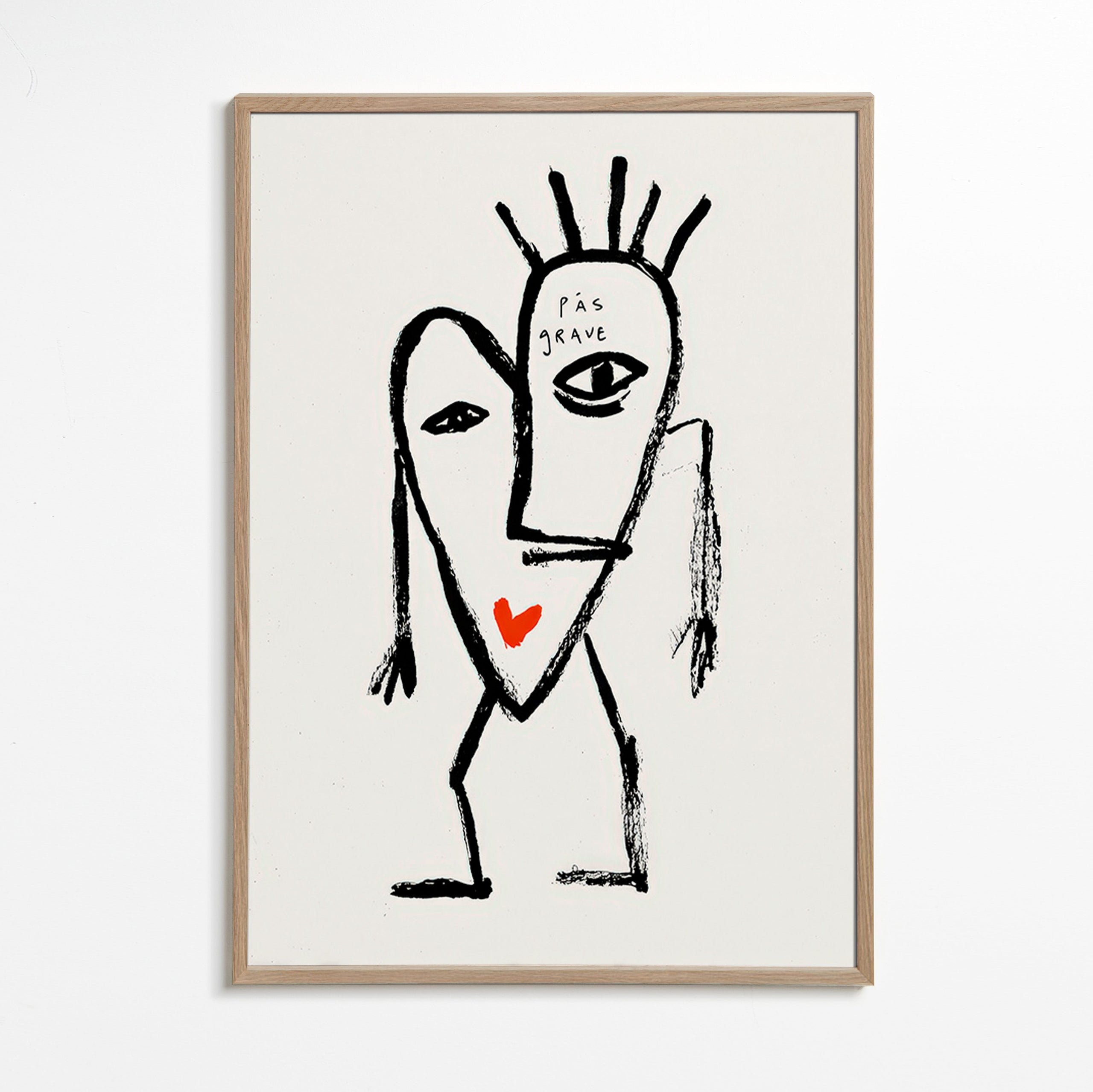 Cuadro abstracto rostro lineal con corazón rojo – Oak Frame