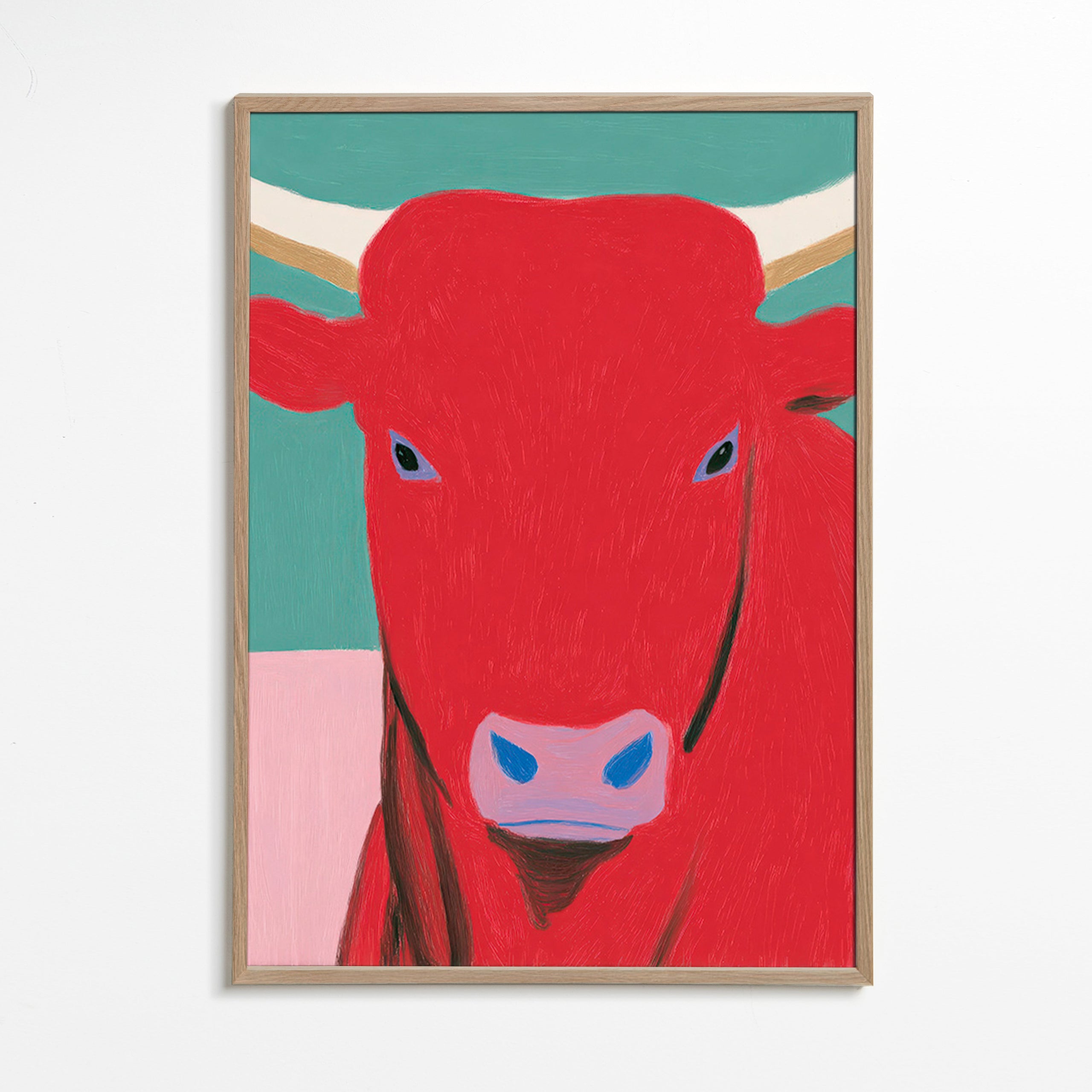 Cuadro toro rojo: retrato pictórico moderno – Oak Frame