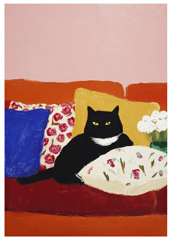 Cuadro gato negro en sofá ilustrado