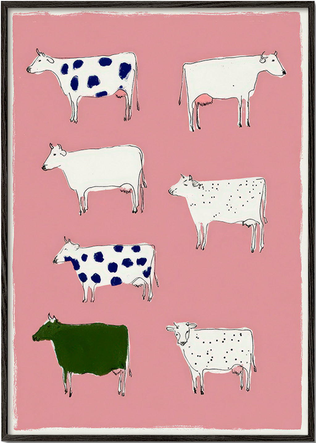Cuadro de vacas ilustradas sobre fondo rosa – Black Frame