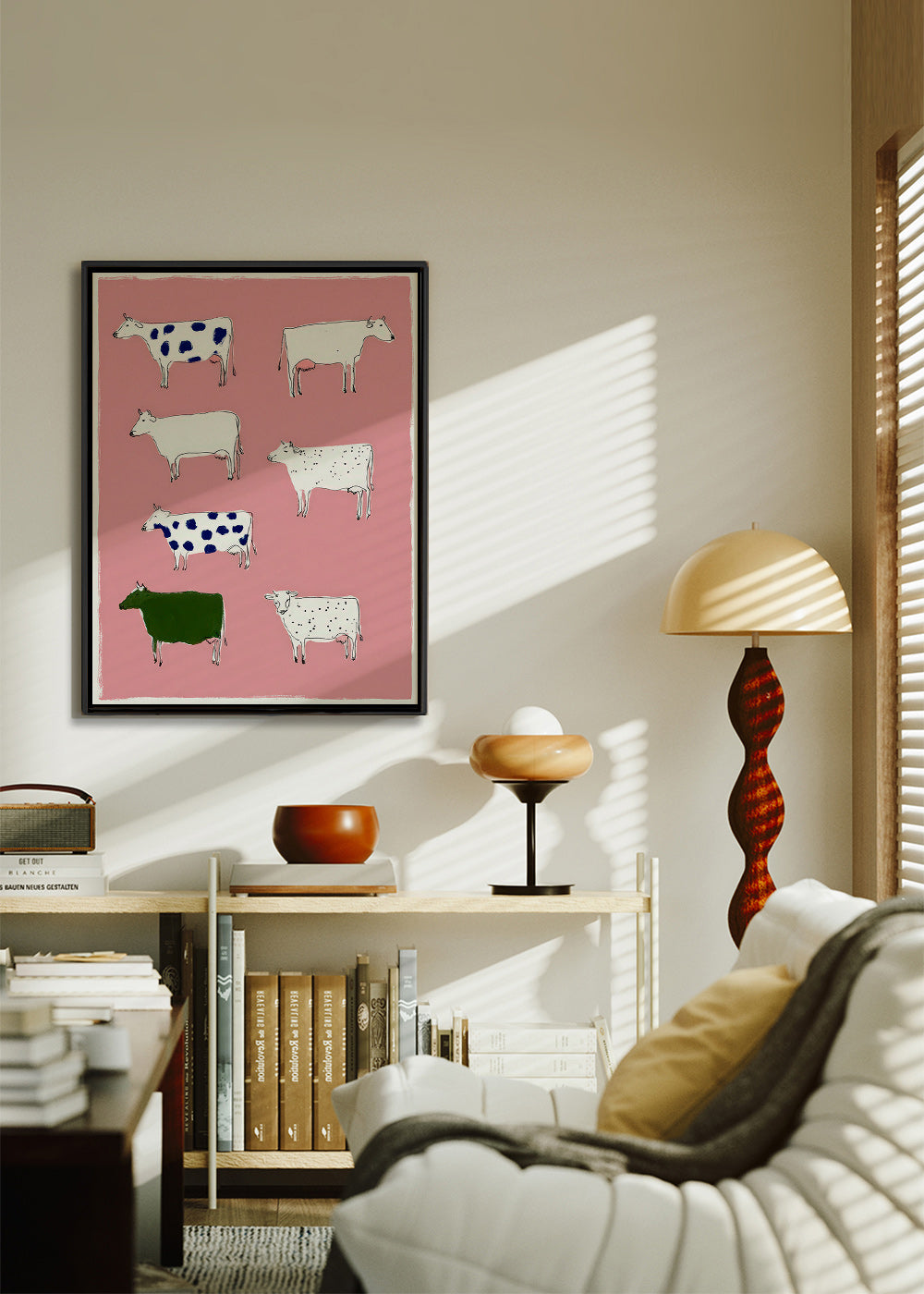 Cuadro de vacas ilustradas sobre fondo rosa – Canvas1