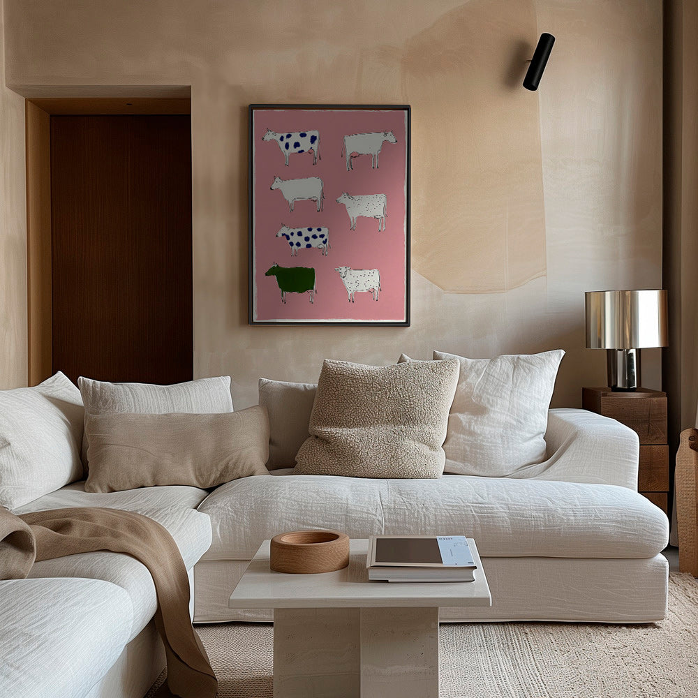 Cuadro de vacas ilustradas sobre fondo rosa – Canvas2