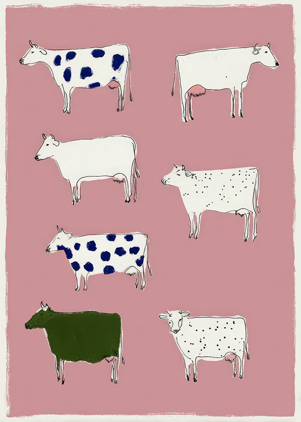 Cuadro de vacas ilustradas sobre fondo rosa