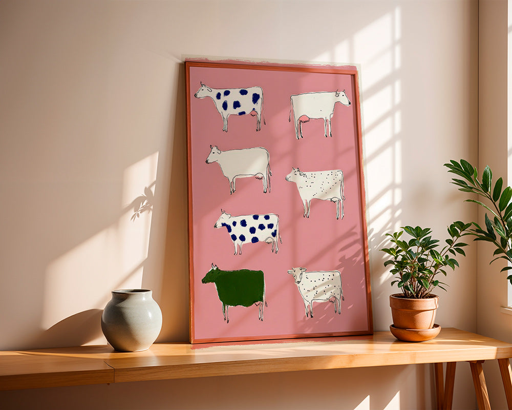 Cuadro de vacas ilustradas sobre fondo rosa – Product2