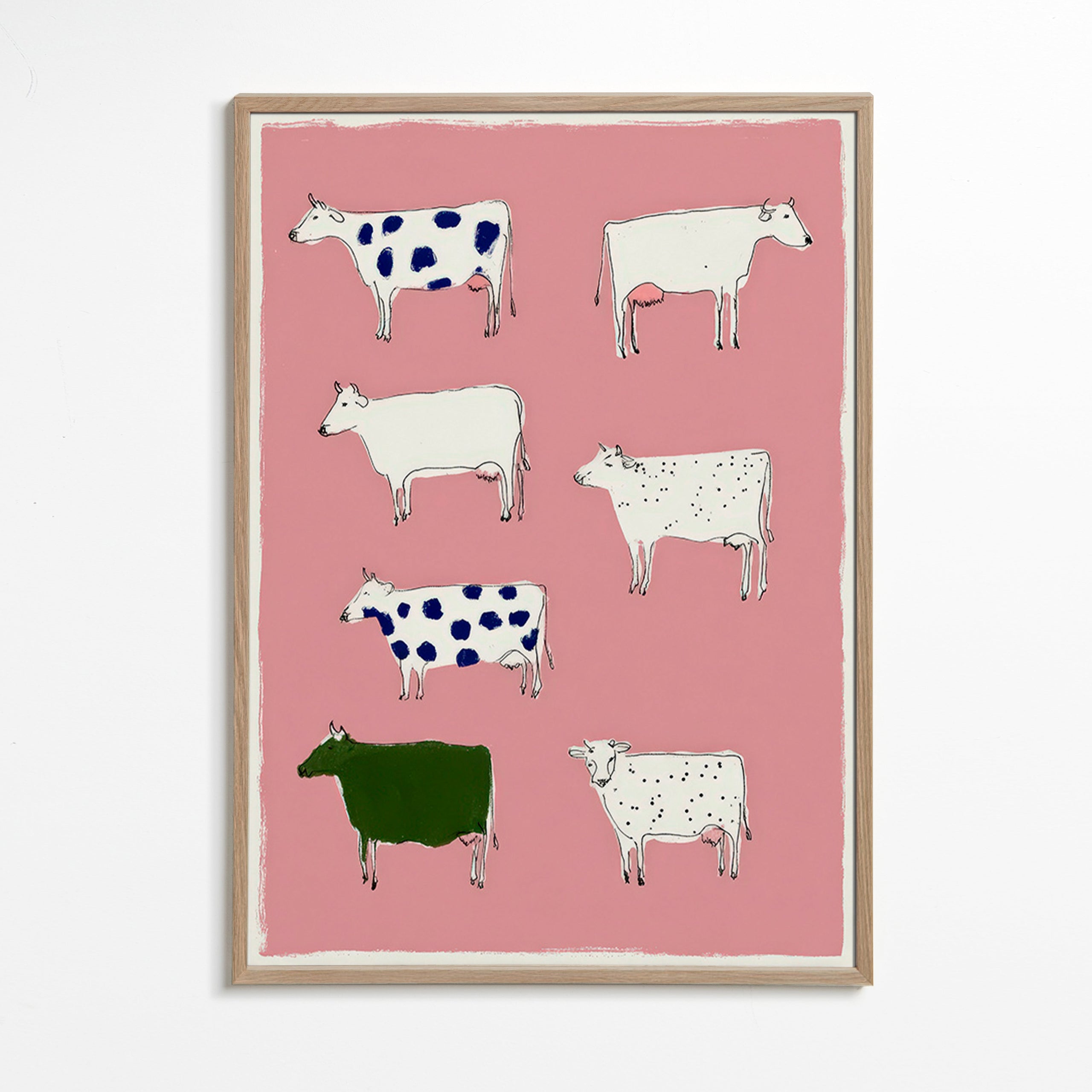 Cuadro de vacas ilustradas sobre fondo rosa – Oak Frame