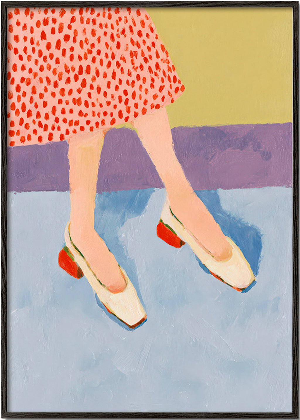 Ilustración de zapatos rojos y falda estampada – Black Frame