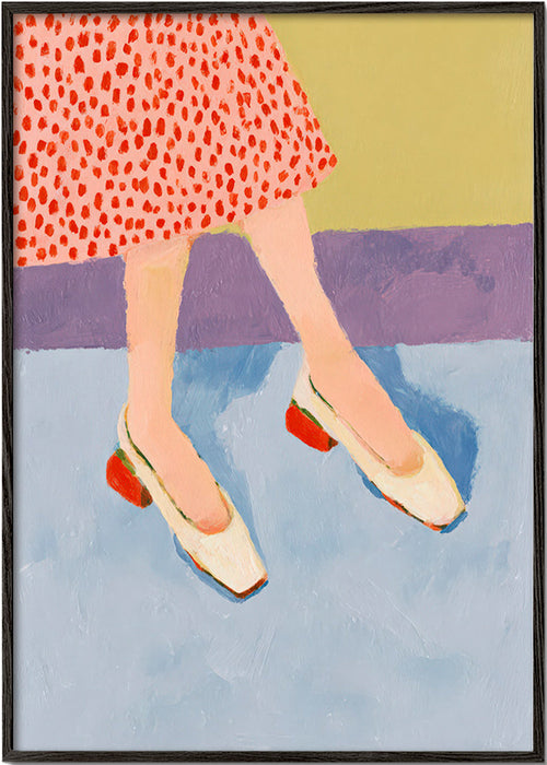 Ilustración de zapatos rojos y falda estampada – Black Frame