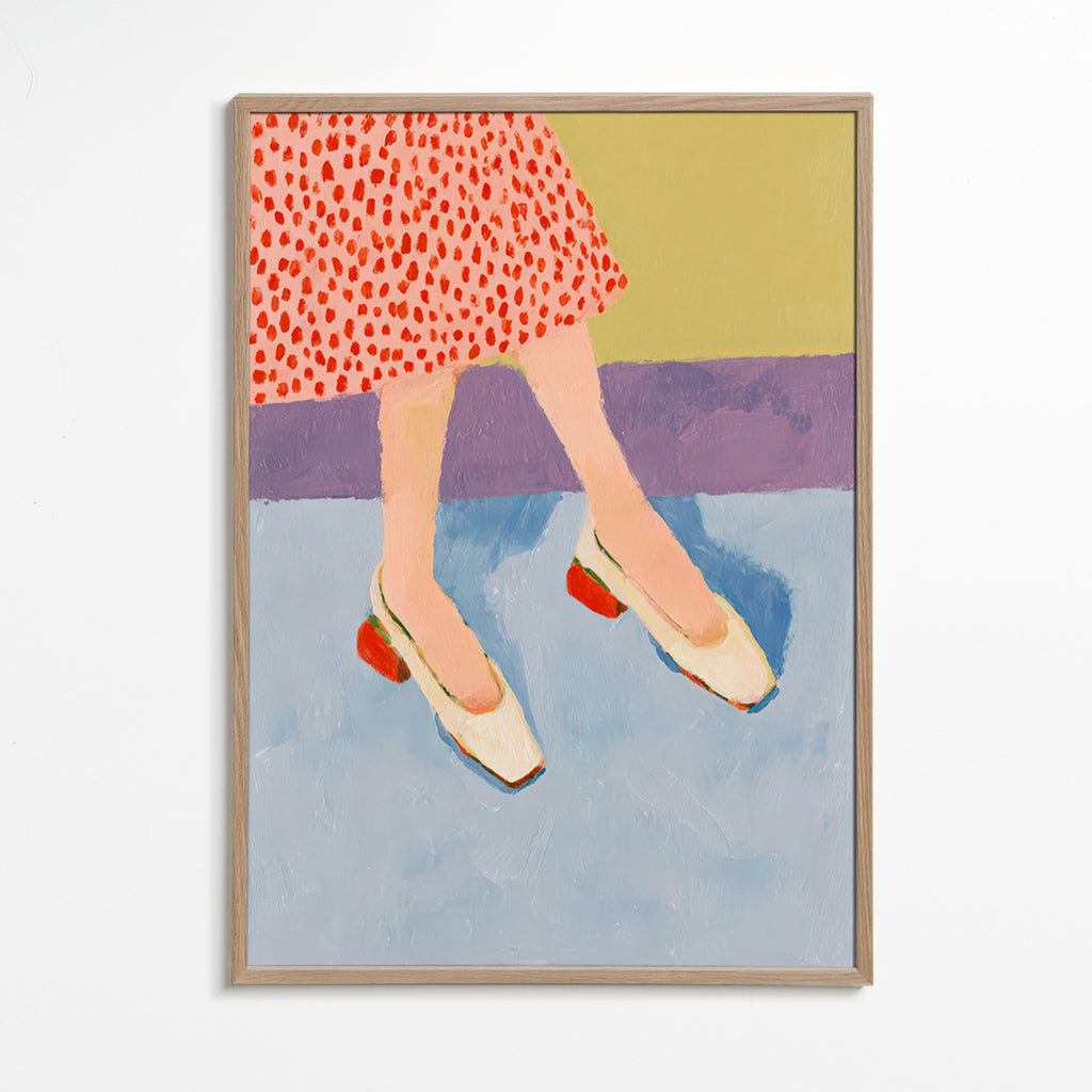 Ilustración de zapatos rojos y falda estampada – Oak Frame