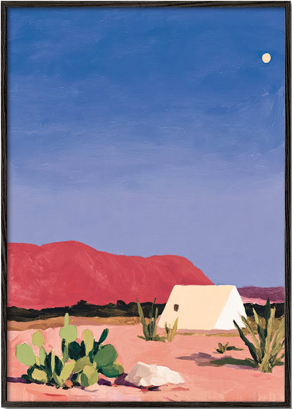 Cuadro de paisaje: desierto con tienda y cactus – Black Frame