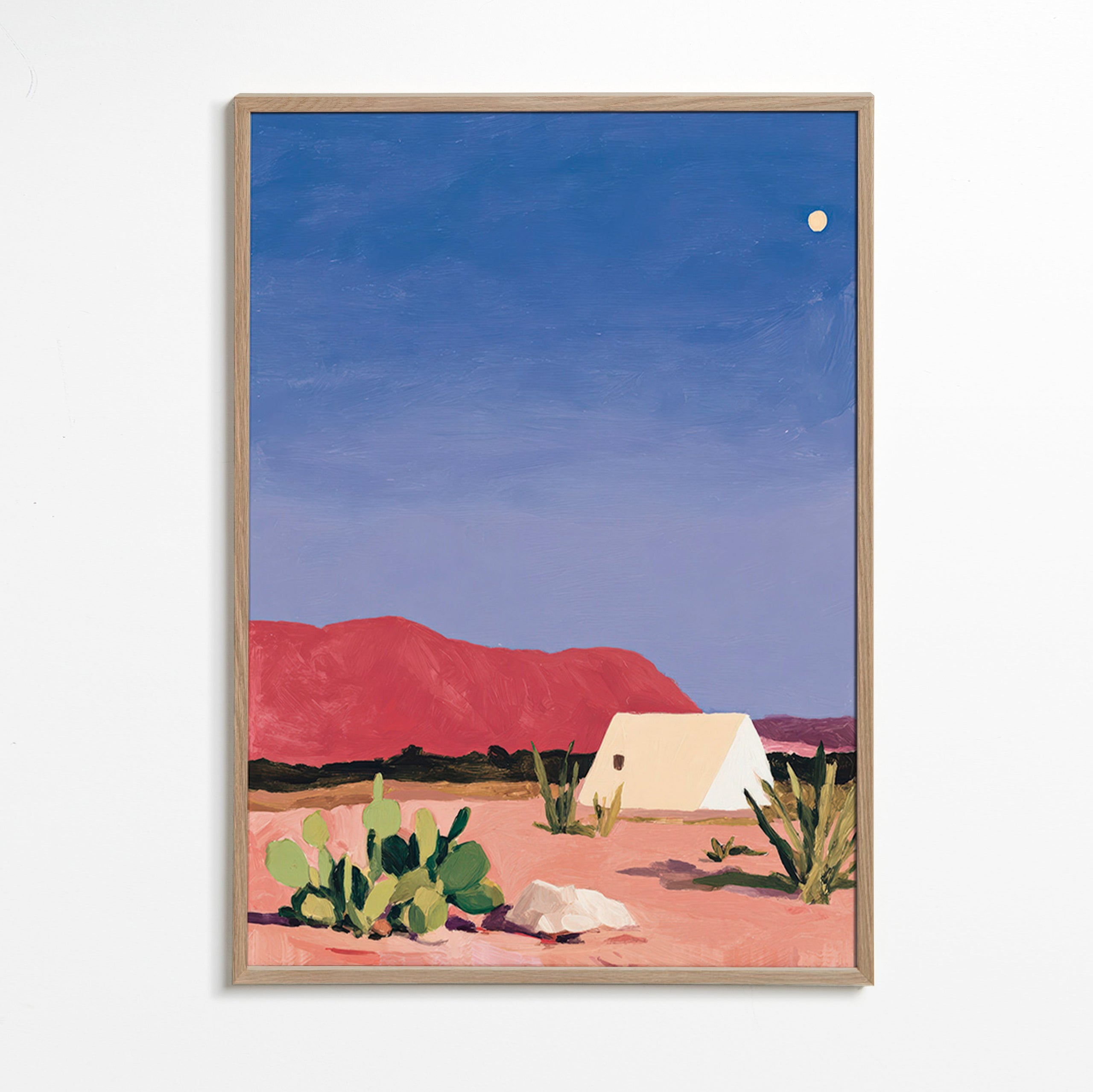 Cuadro de paisaje: desierto con tienda y cactus – Oak Frame