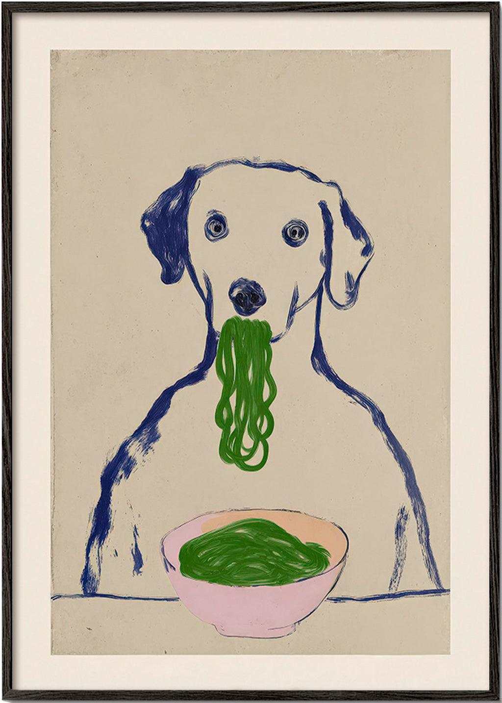 Cuadro de cocina con perro comiendo fideos – Black Frame