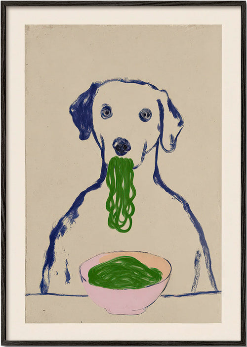 Cuadro de cocina con perro comiendo fideos – Black Frame