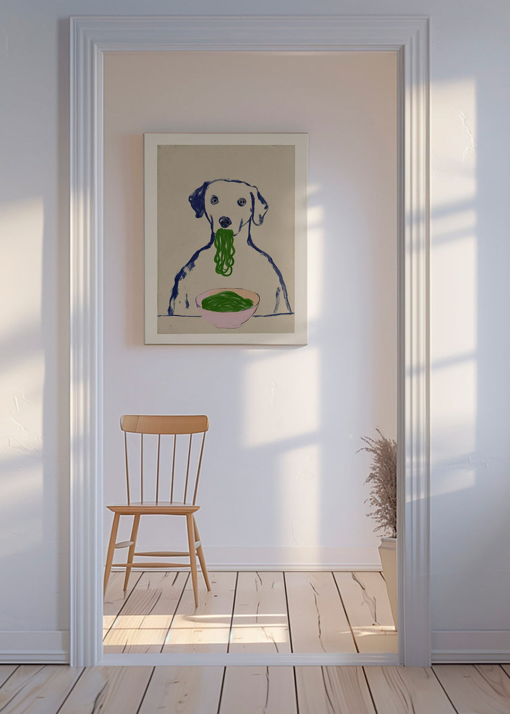 Cuadro de cocina con perro comiendo fideos – Canvas