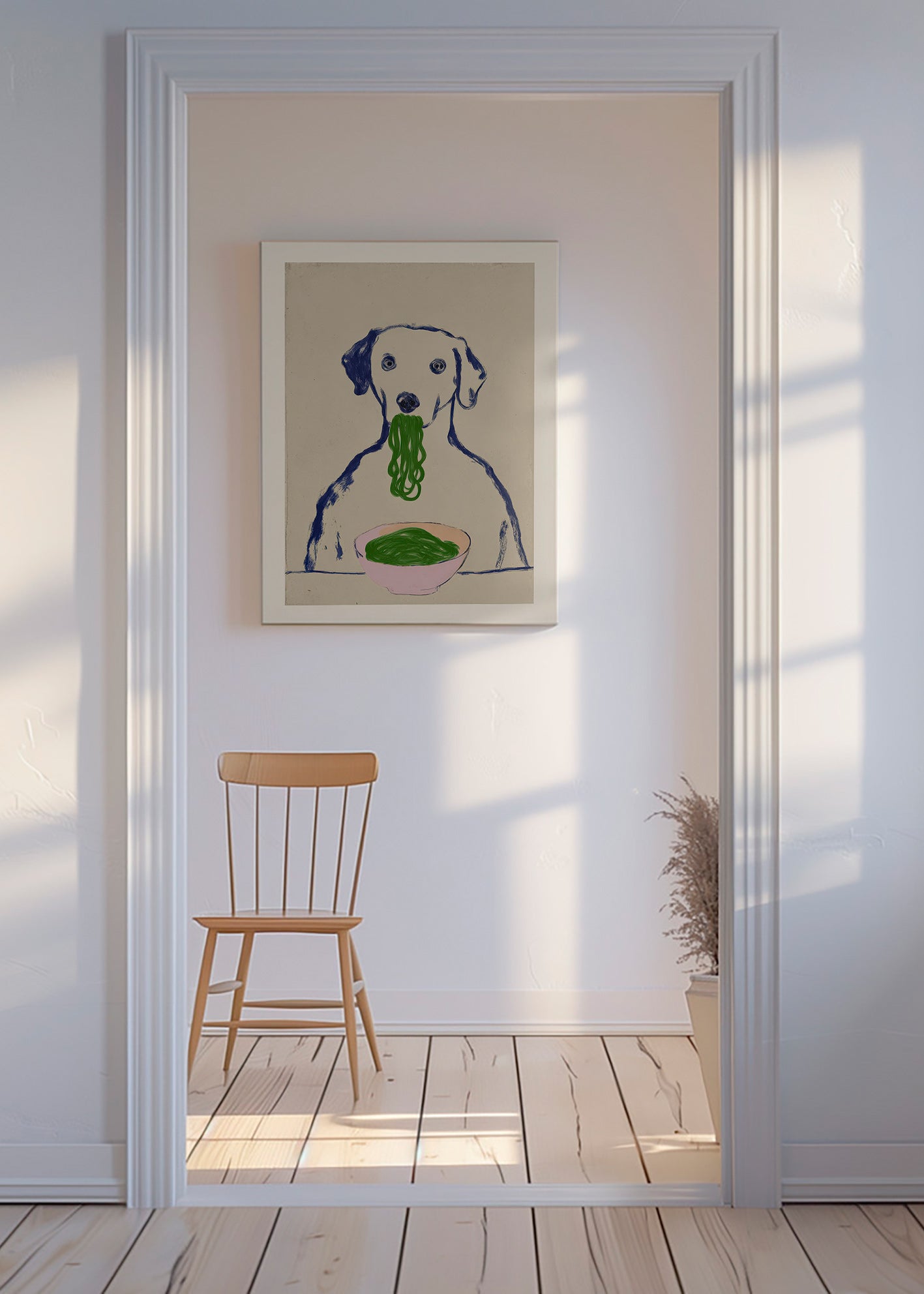 Cuadro de cocina con perro comiendo fideos – Canvas