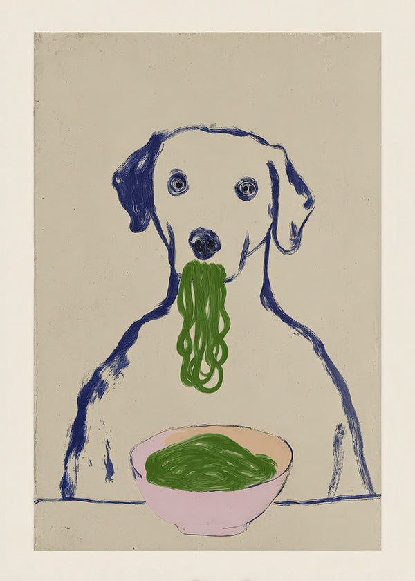 Cuadro de cocina con perro comiendo fideos