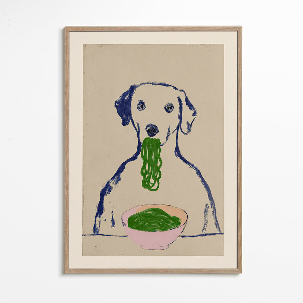 Cuadro de cocina con perro comiendo fideos – Oak Frame