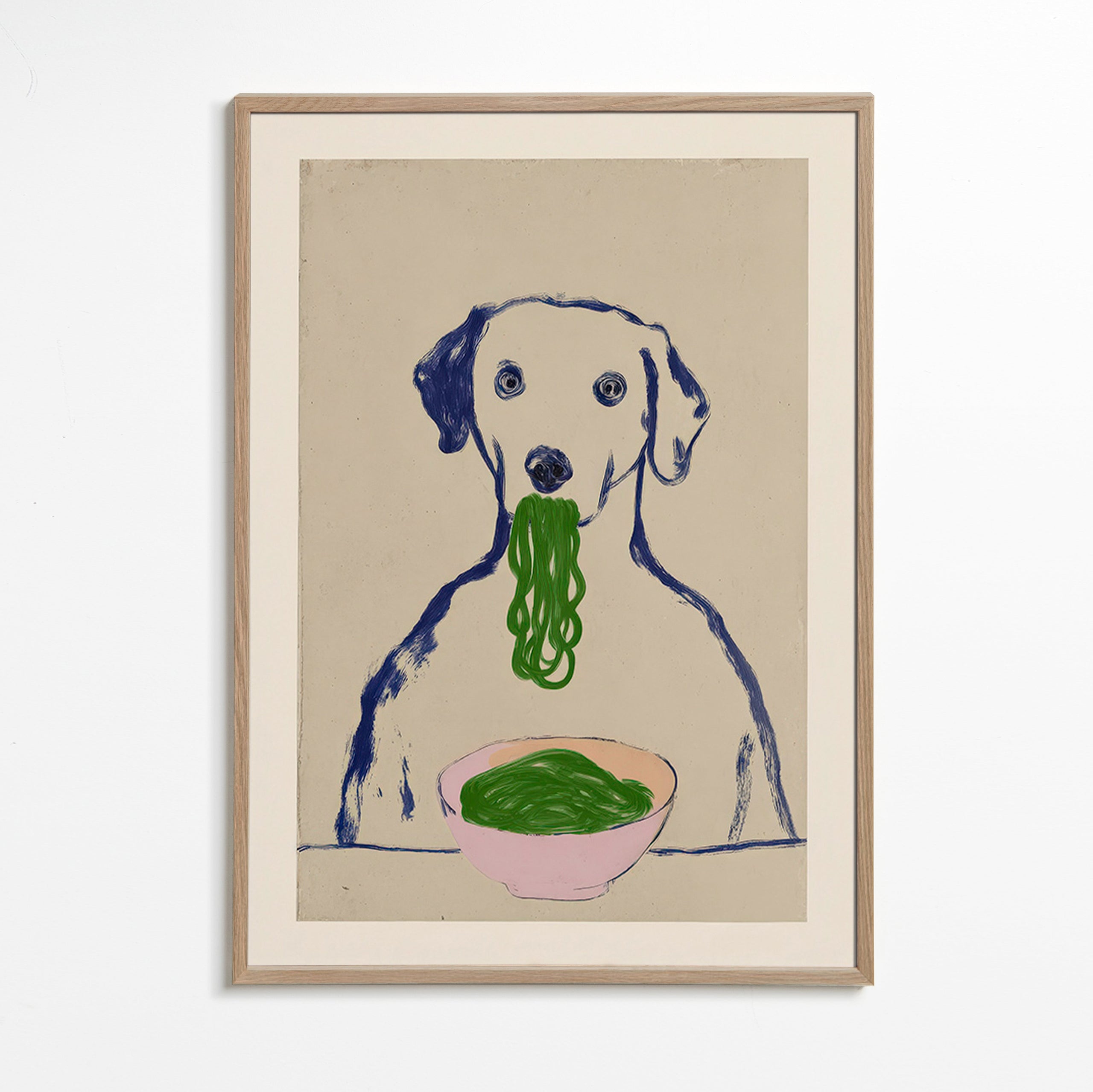 Cuadro de cocina con perro comiendo fideos – Oak Frame
