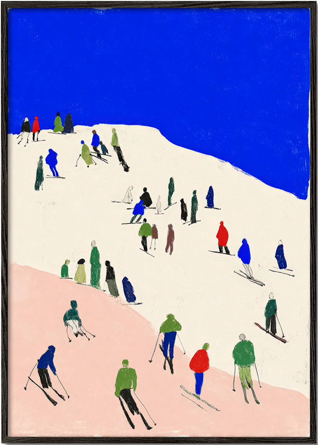 Cuadro de paisaje con esquiadores y cielo azul – Black Frame