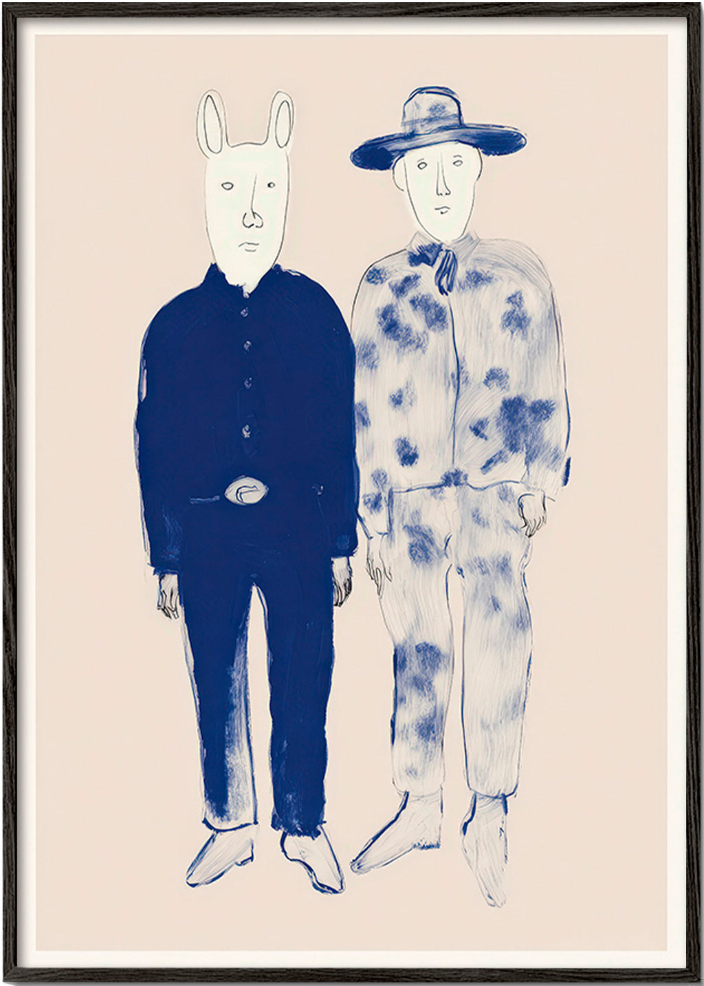 Ilustración de dos figuras con conejito en tinta azul – Black Frame