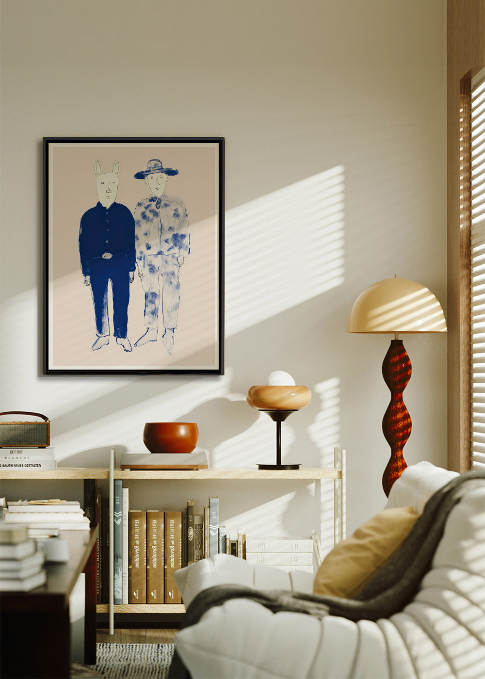 Ilustración de dos figuras con conejito en tinta azul – Canvas1