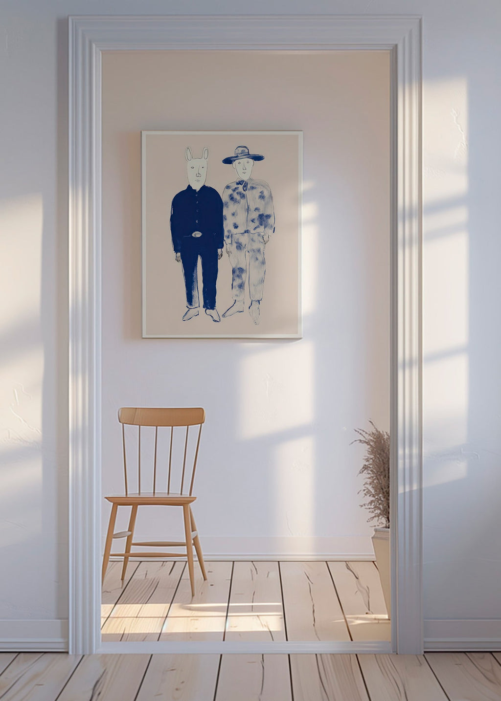 Ilustración de dos figuras con conejito en tinta azul – Canvas