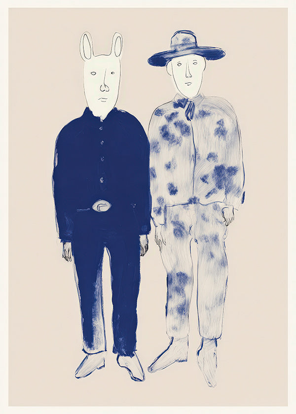 Ilustración de dos figuras con conejito en tinta azul